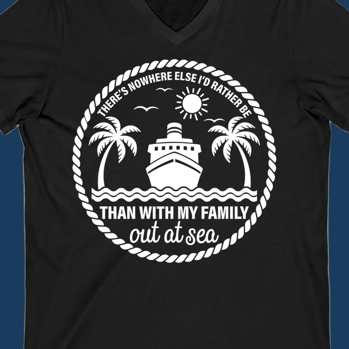 Circular design with cruise ship, palm trees, and text 'Family cruise out at sea'.