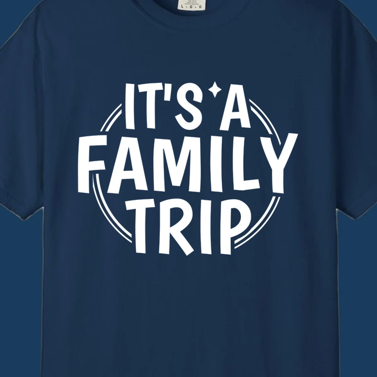It's A Family Trip text design with star and circle outline.