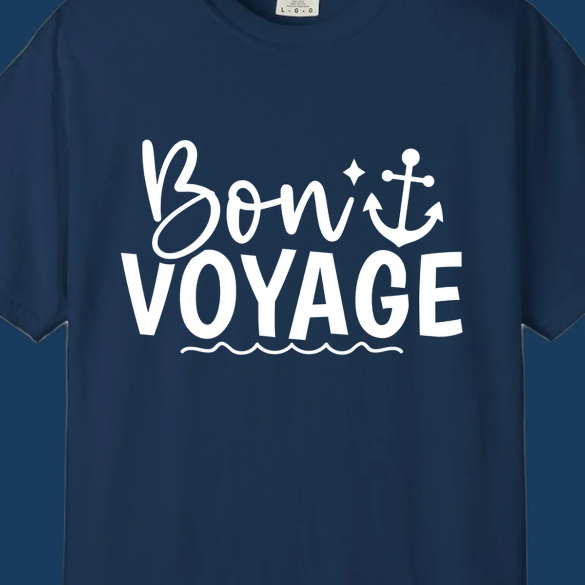 Bon Voyage text with anchor and waves design.
