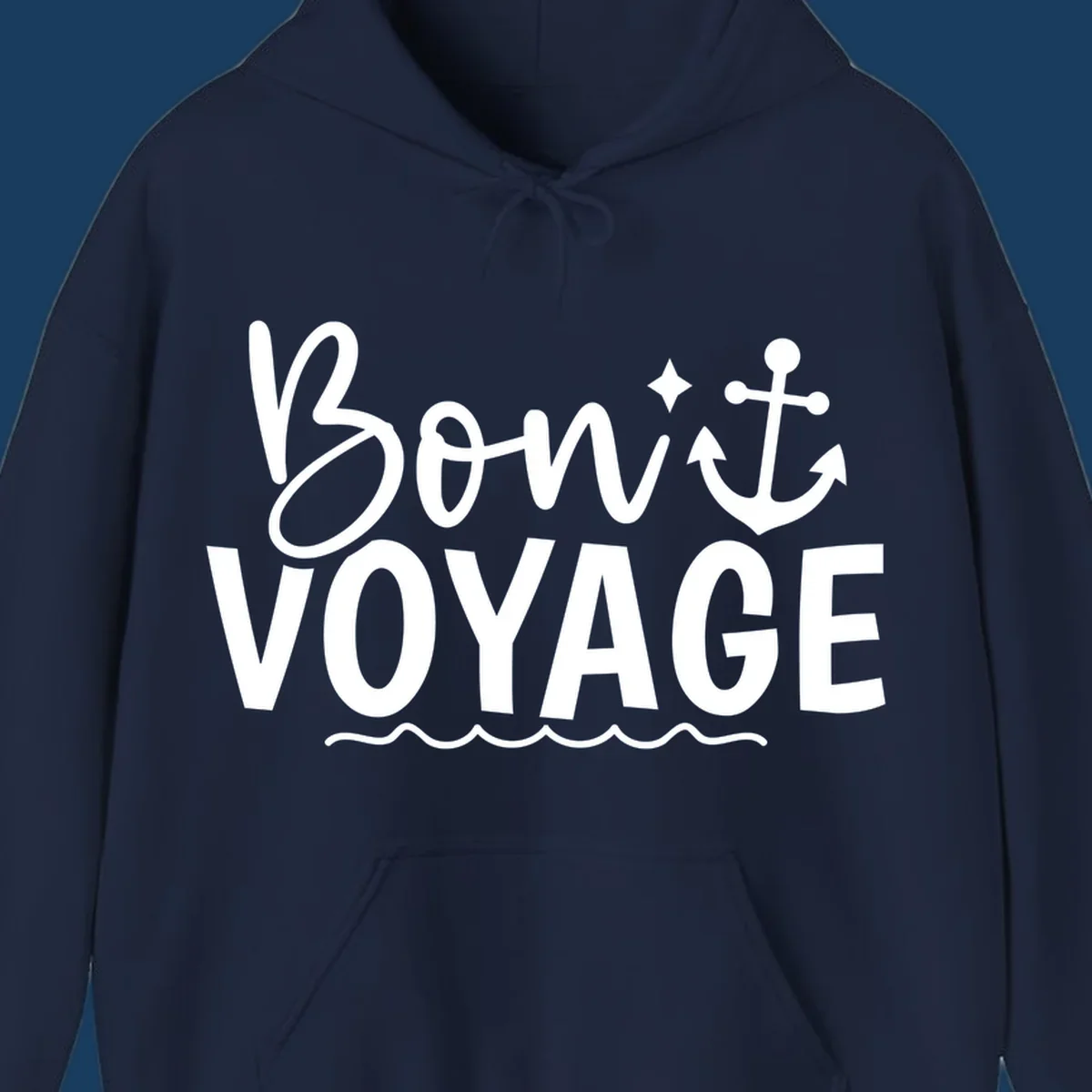 Bon Voyage text with anchor and waves design.