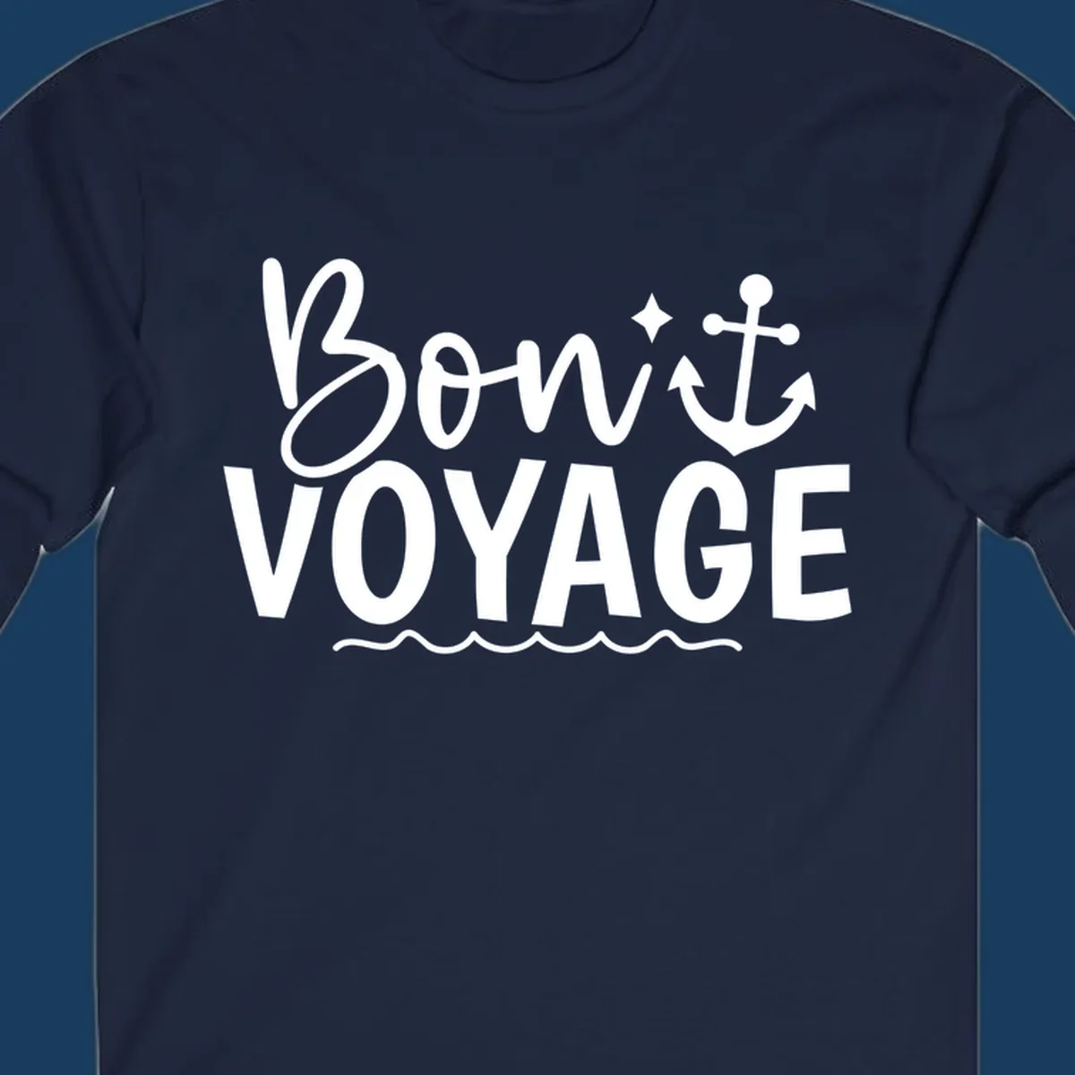 Bon Voyage text with anchor and waves design.