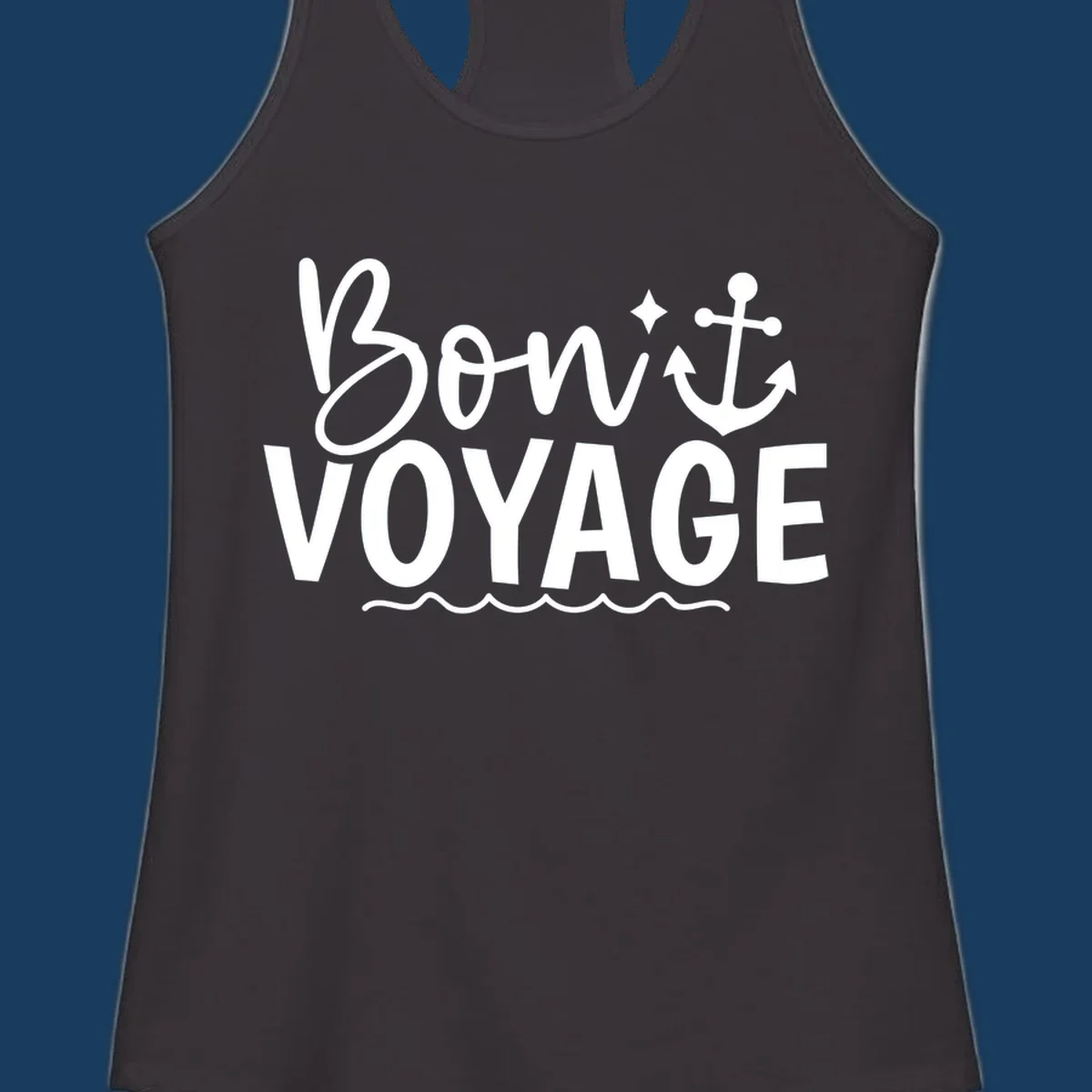 Bon Voyage text with anchor and waves design.