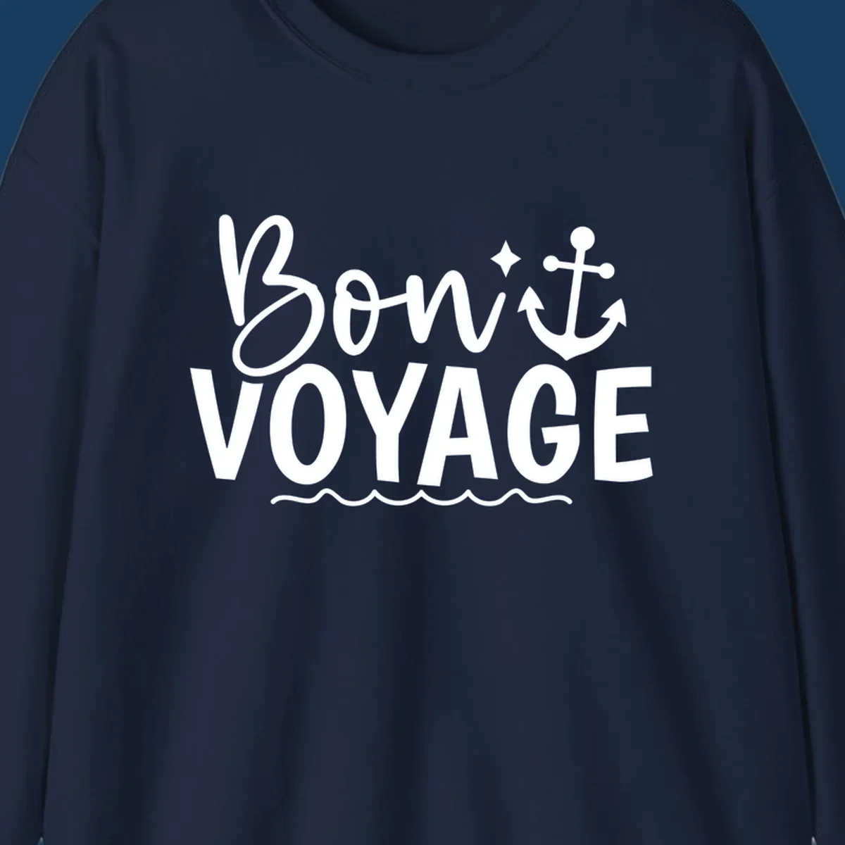 Bon Voyage text with anchor and waves design.
