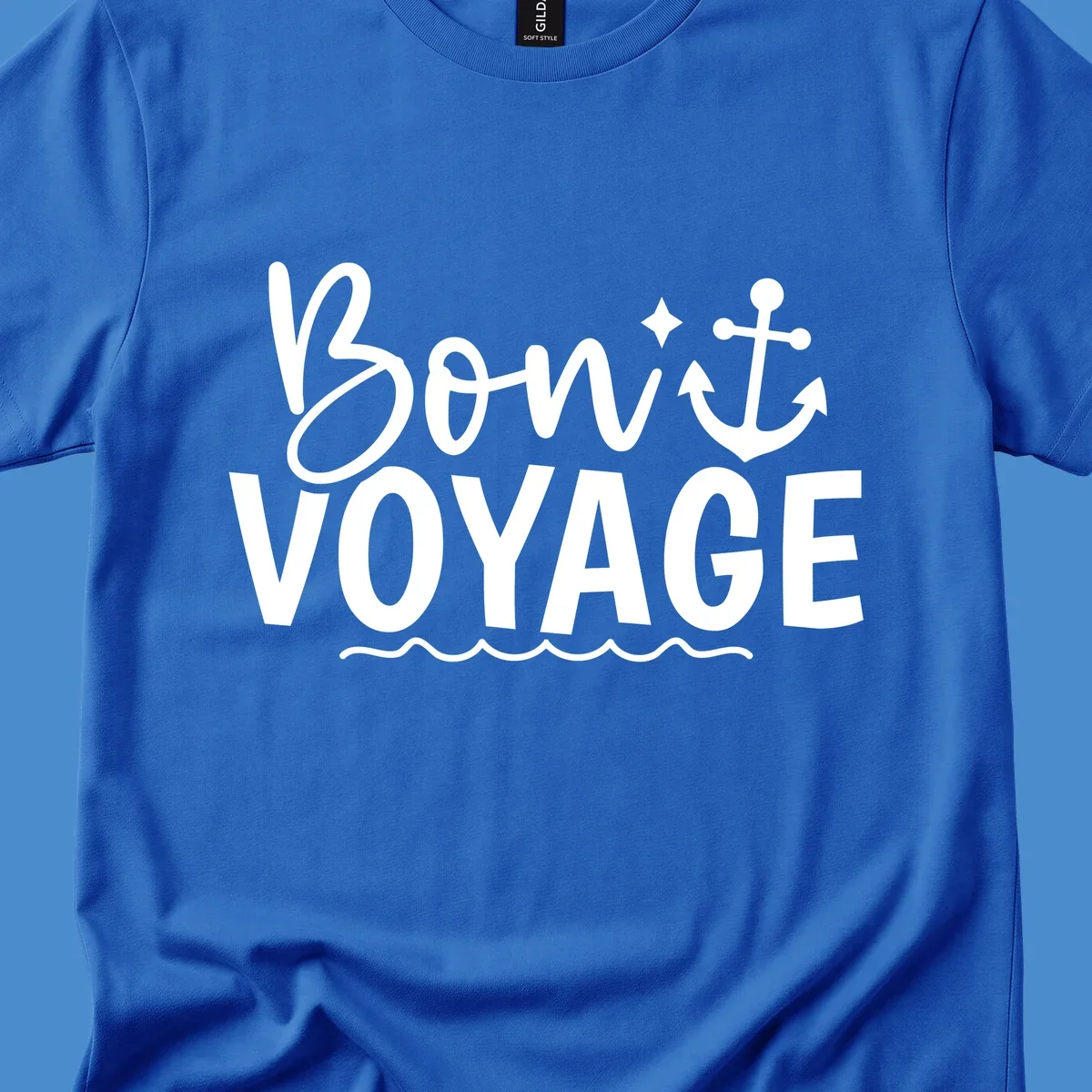 Bon Voyage text with anchor and waves design.