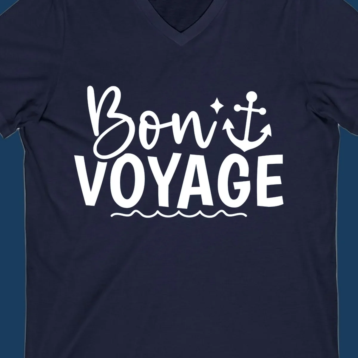 Bon Voyage text with anchor and waves design.