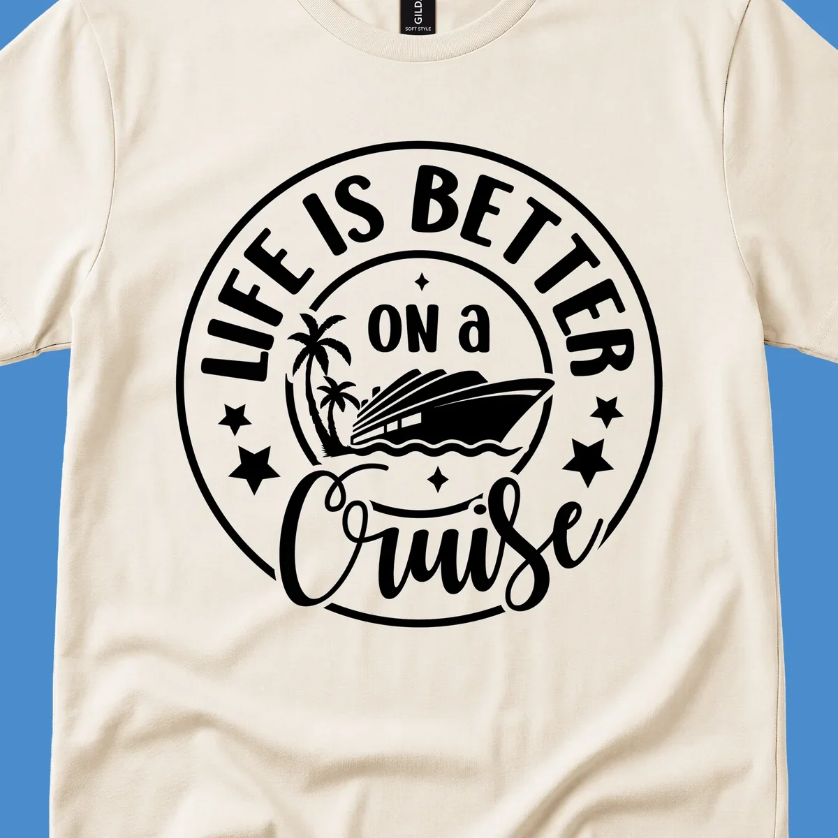 Circular badge design with text 'Life is Better On a Cruise' and cruise ship graphic.