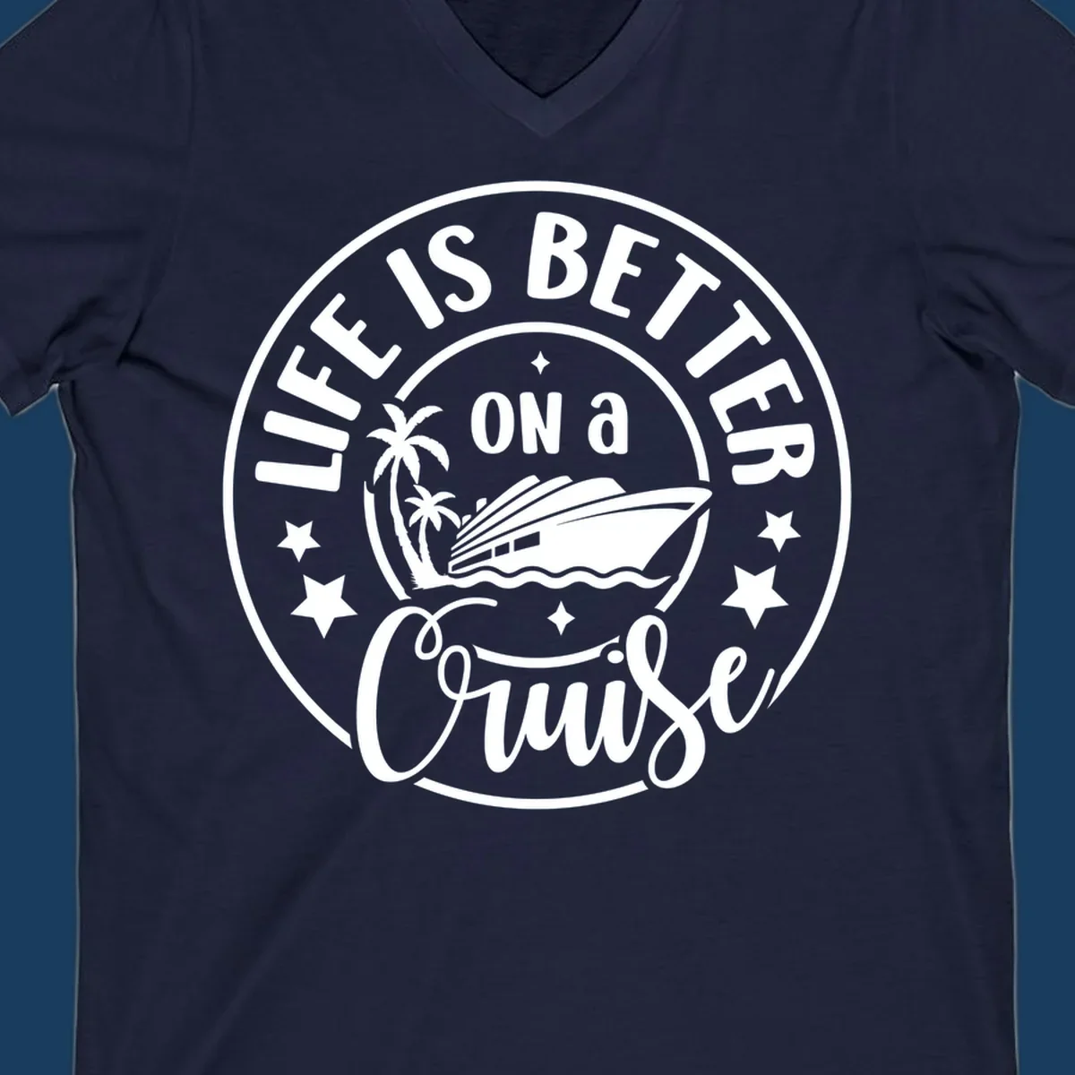 Circular badge design with text 'Life is Better On a Cruise' and cruise ship graphic.