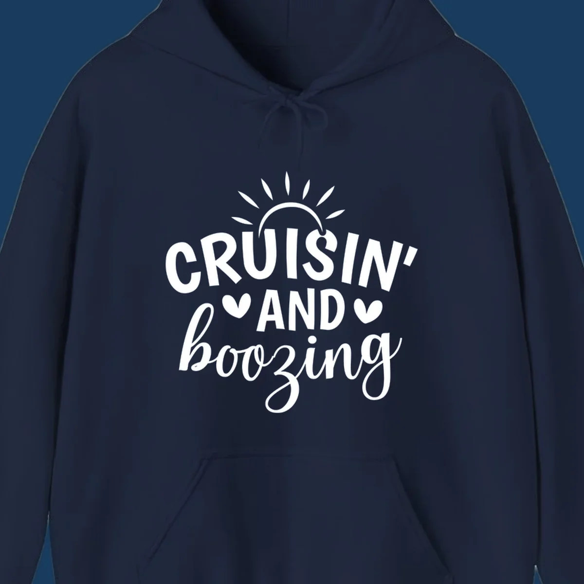 Cruisin' and Boozing text with sun and hearts graphic for a funny cruise shirt.