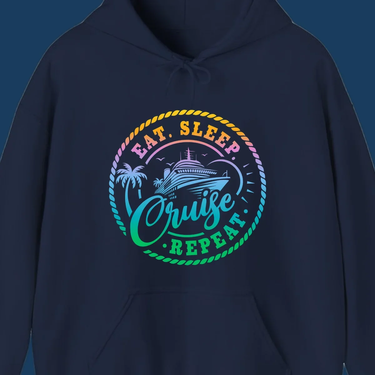Eat Sleep Cruise Repeat badge design with cruise ship, palm trees, and rope border.