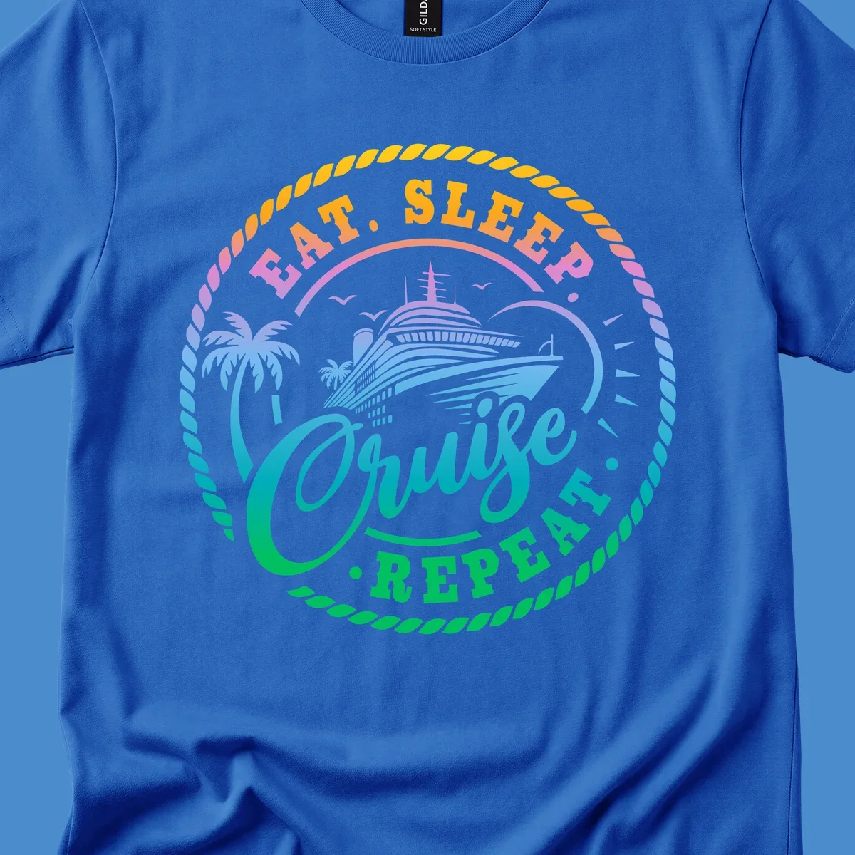 Eat Sleep Cruise Repeat badge design with cruise ship, palm trees, and rope border.