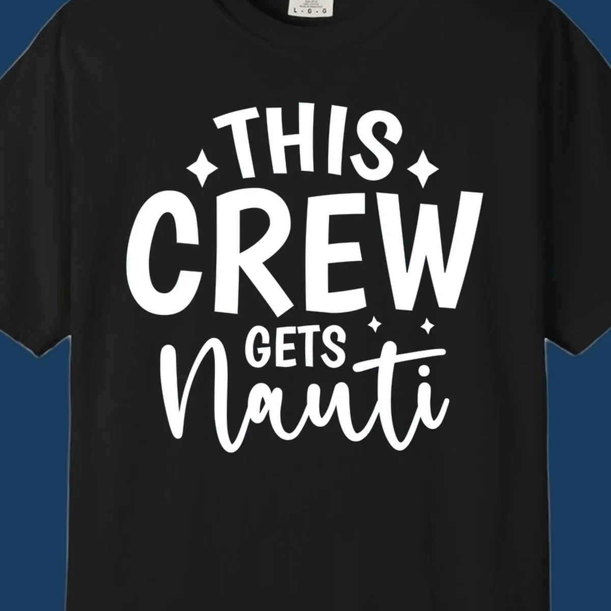 This Crew Gets Nauti funny cruise design with text and sparkle accents.