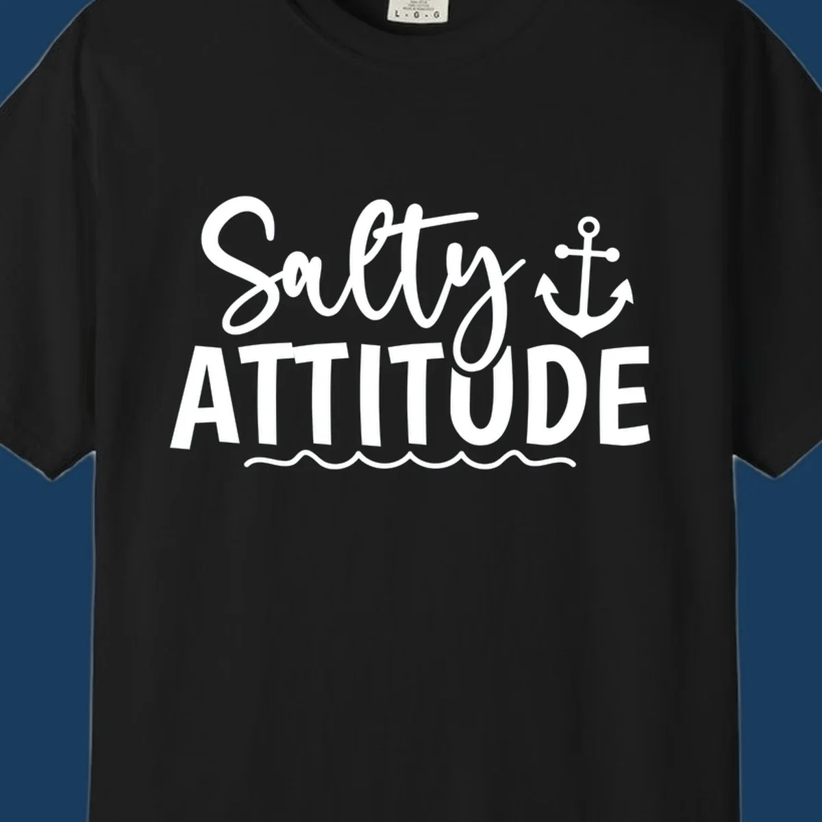 Salty attitude design with anchor and ocean waves for cruise shirts.