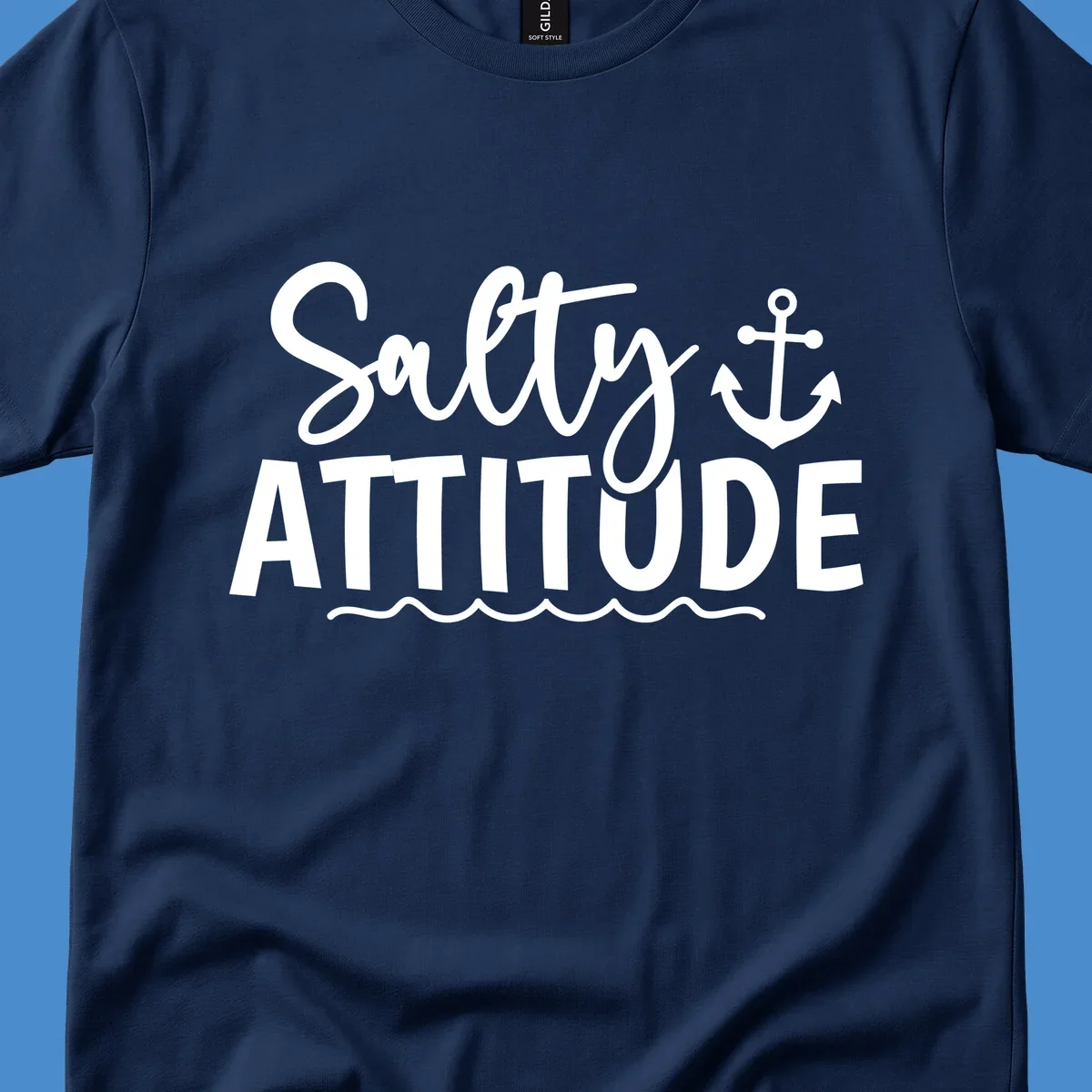 Salty attitude design with anchor and ocean waves for cruise shirts.