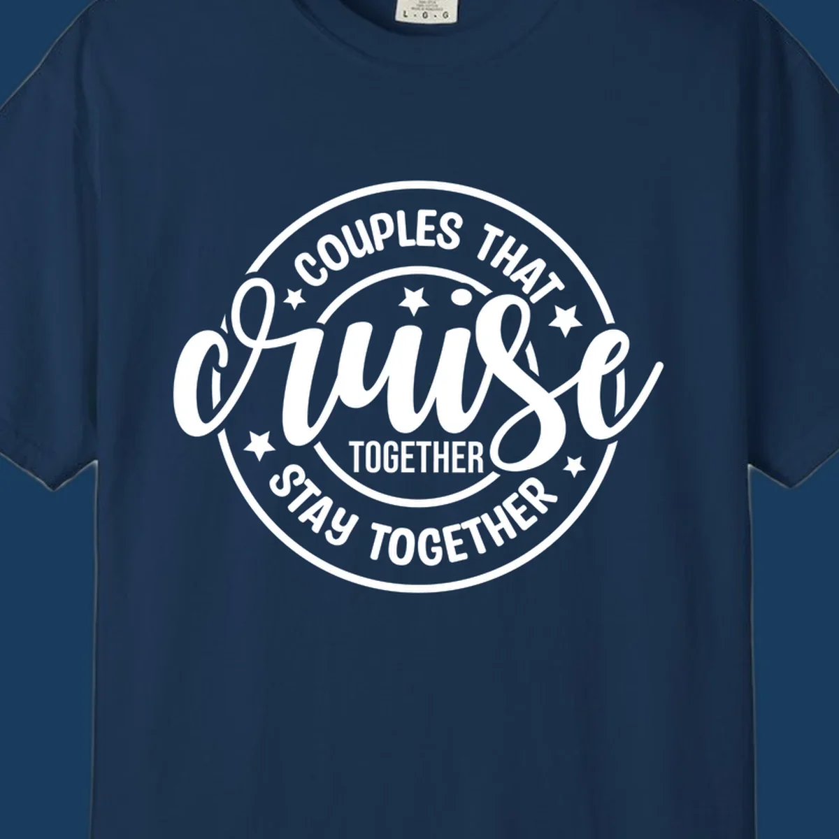 Couples That Cruise Together badge design with text and stars.
