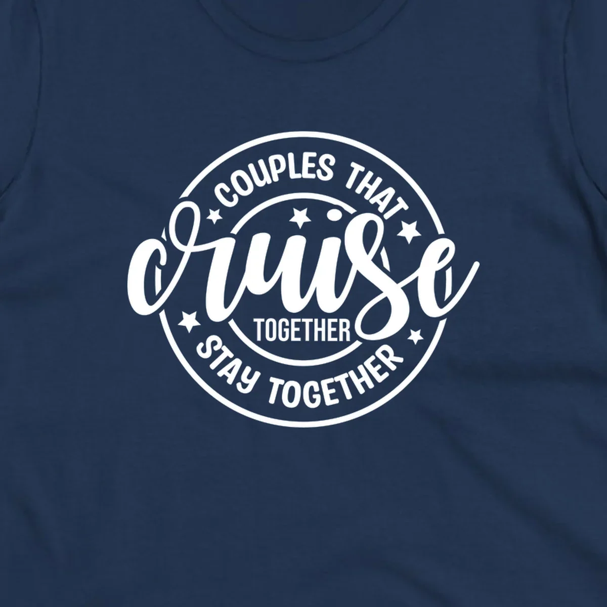Couples That Cruise Together badge design with text and stars.