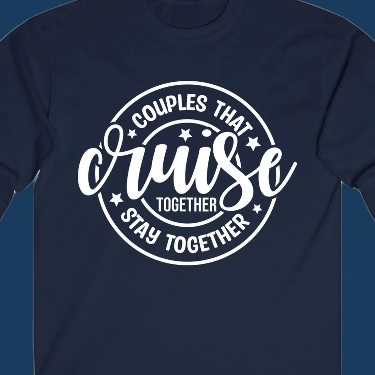 Couples That Cruise Together badge design with text and stars.