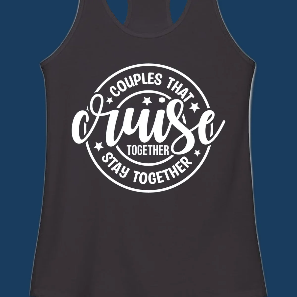 Couples That Cruise Together badge design with text and stars.