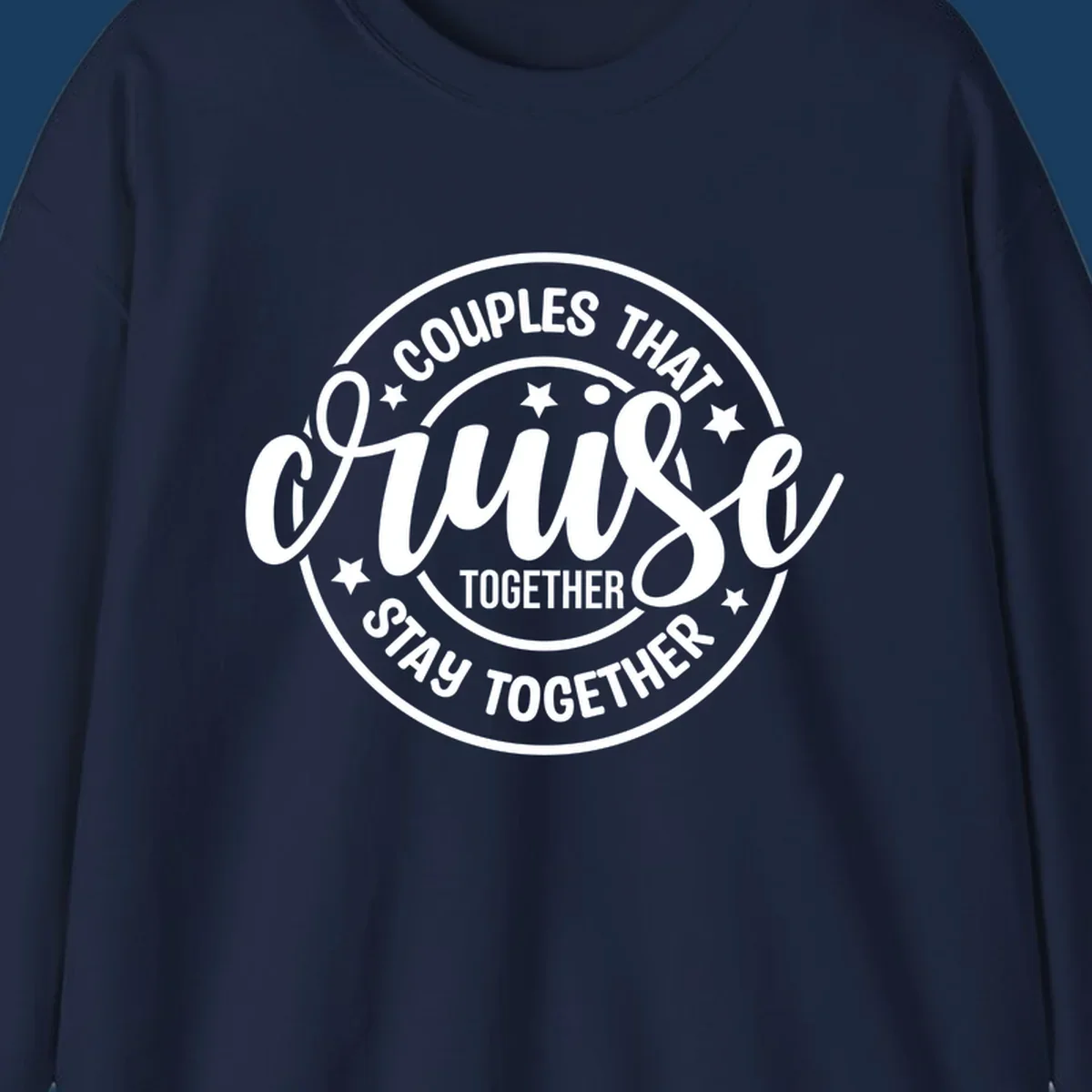 Couples That Cruise Together badge design with text and stars.