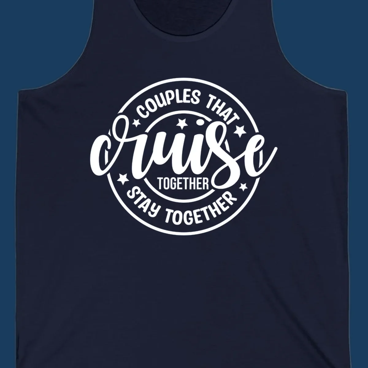 Couples That Cruise Together badge design with text and stars.