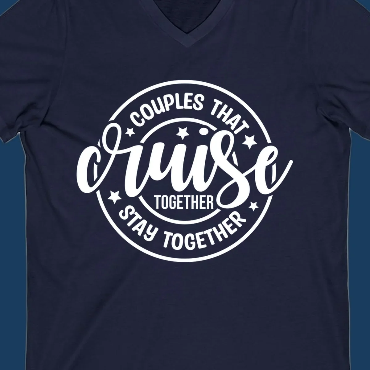 Couples That Cruise Together badge design with text and stars.