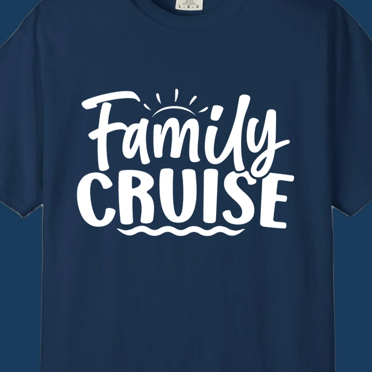 Family cruise text design with sun and waves.