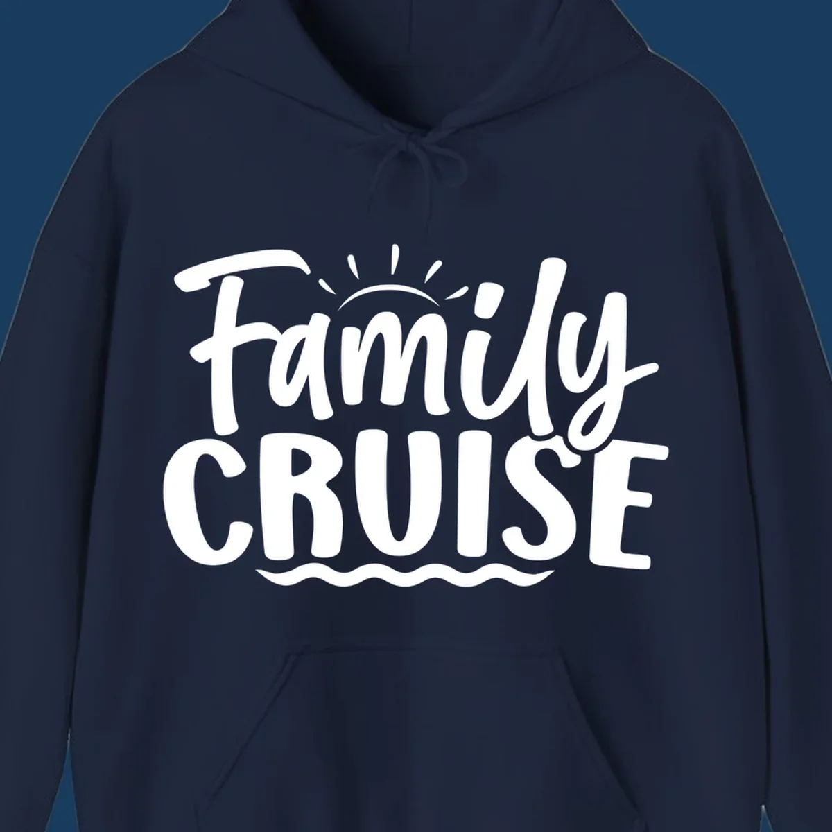 Family cruise text design with sun and waves.