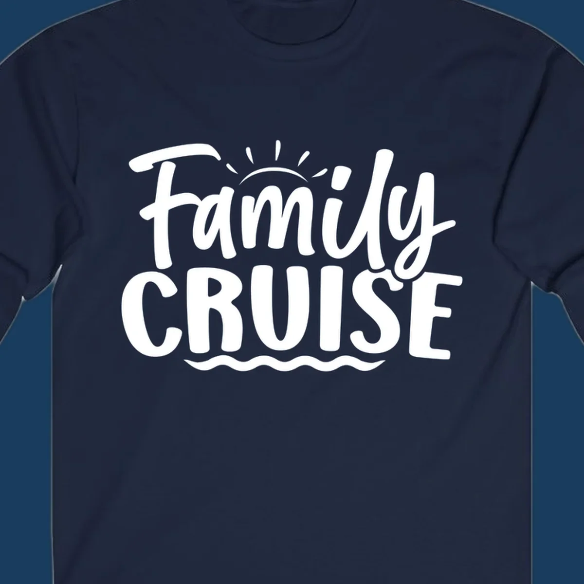 Family cruise text design with sun and waves.