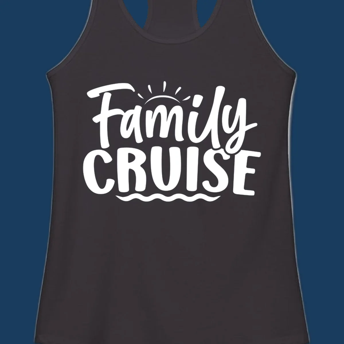 Family cruise text design with sun and waves.