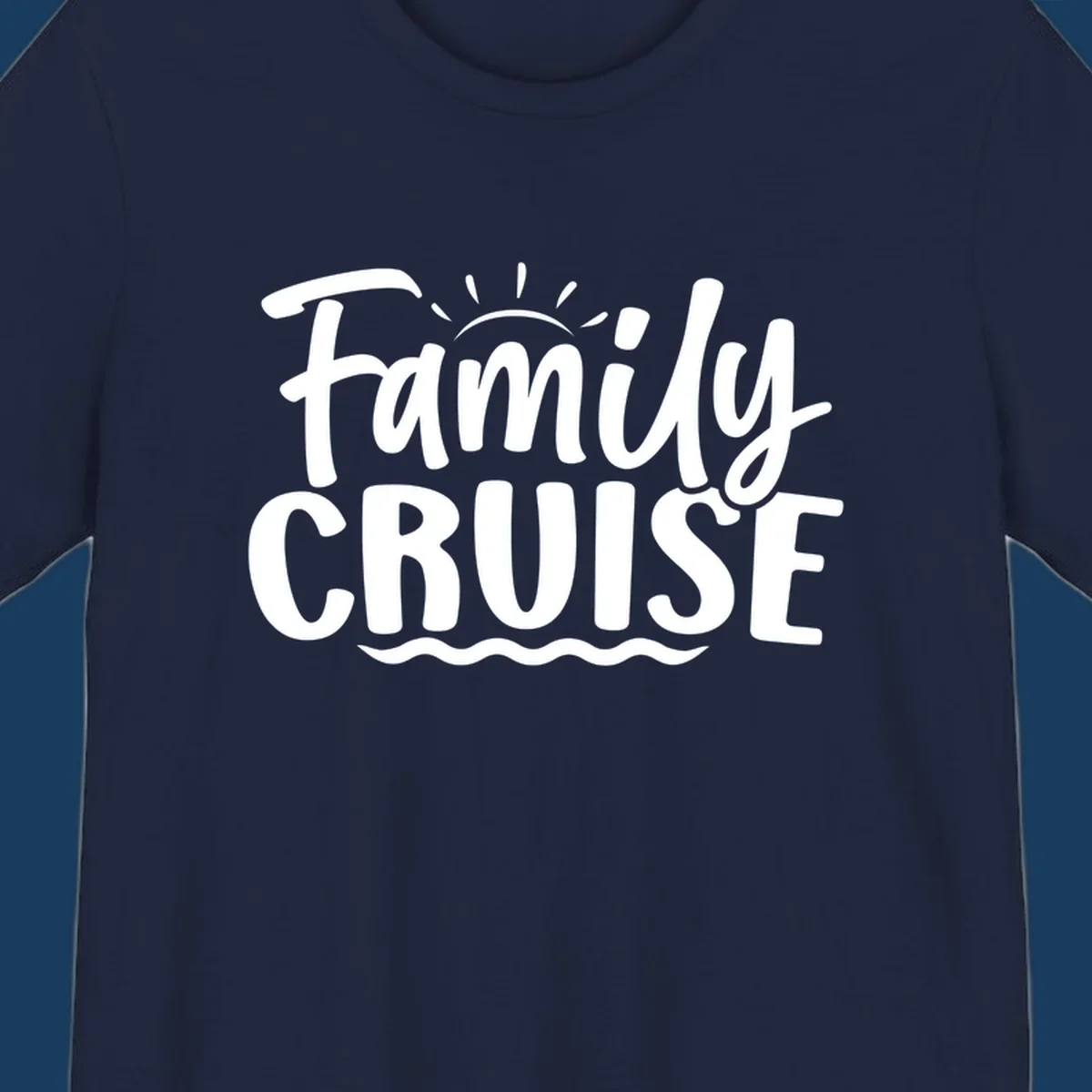 Family cruise text design with sun and waves.