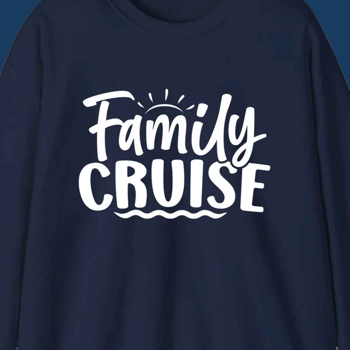 Family cruise text design with sun and waves.