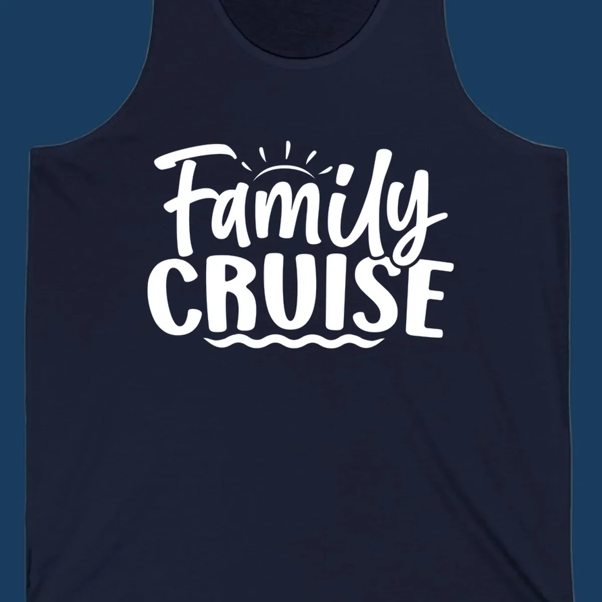 Family cruise text design with sun and waves.