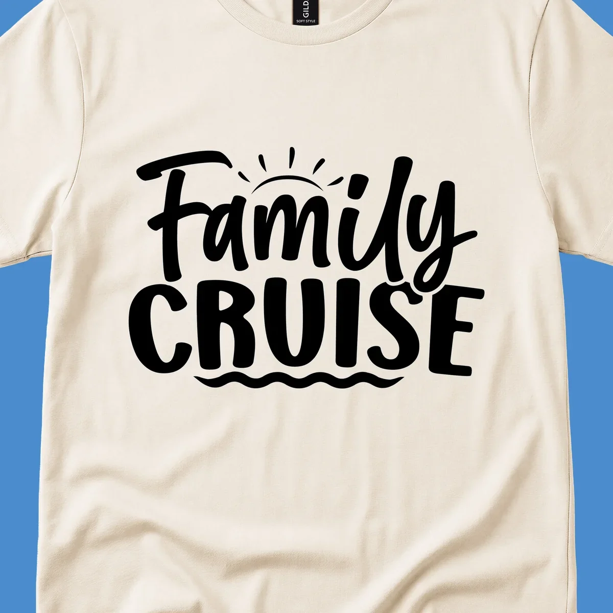 Family cruise text design with sun and waves.