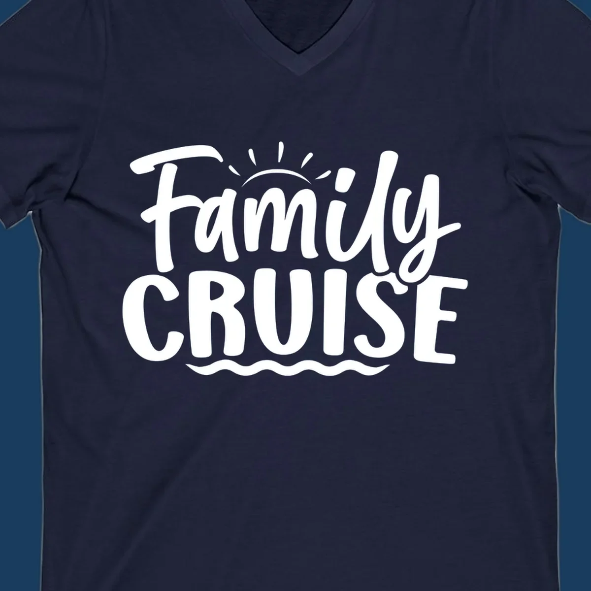 Family cruise text design with sun and waves.