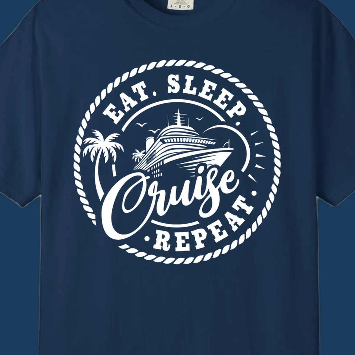 Eat sleep cruise repeat badge design with cruise ship and palm trees.
