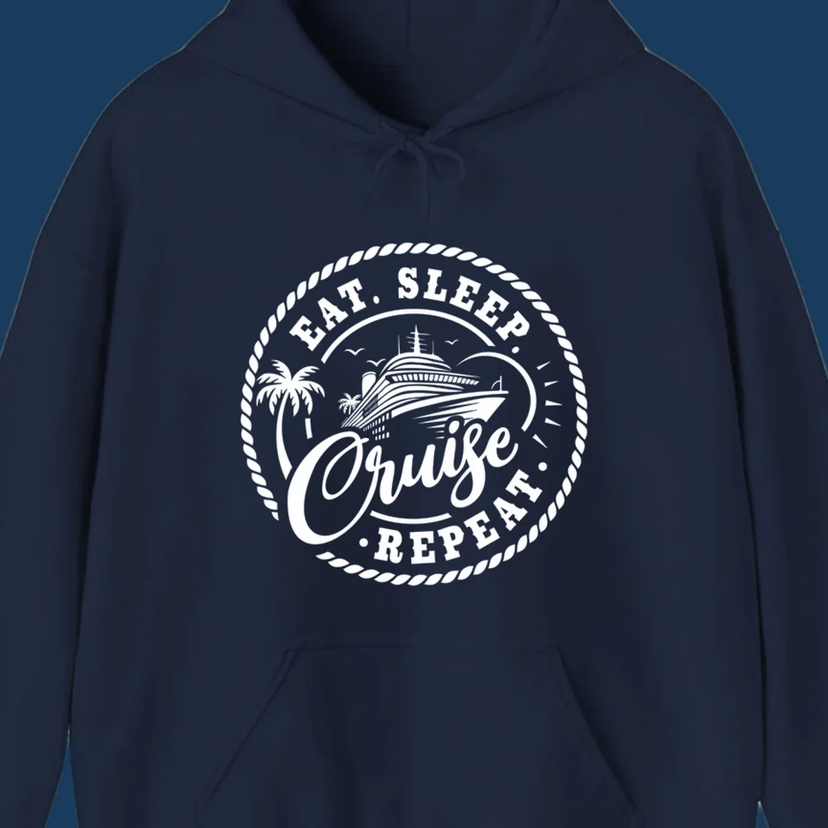 Eat sleep cruise repeat badge design with cruise ship and palm trees.
