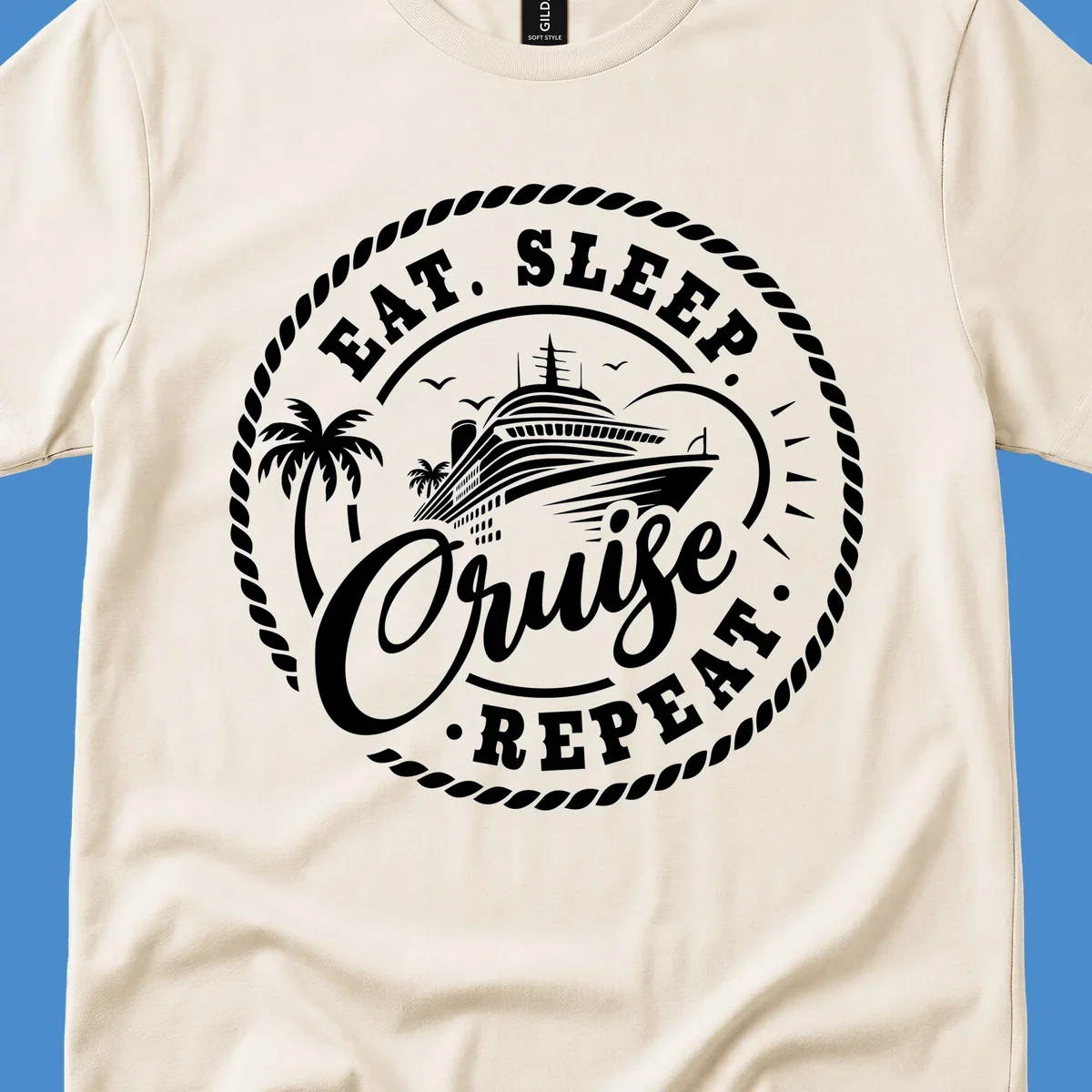 Eat sleep cruise repeat badge design with cruise ship and palm trees.