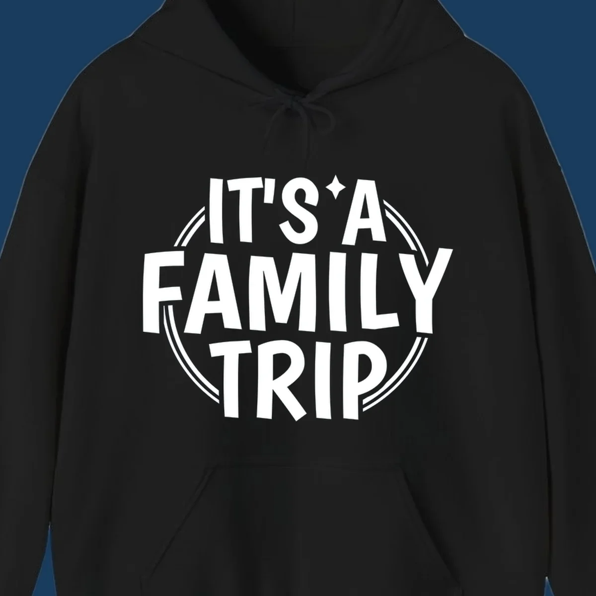 Text graphic 'IT'S A FAMILY TRIP' in white, bold lettering, inside a double circle.