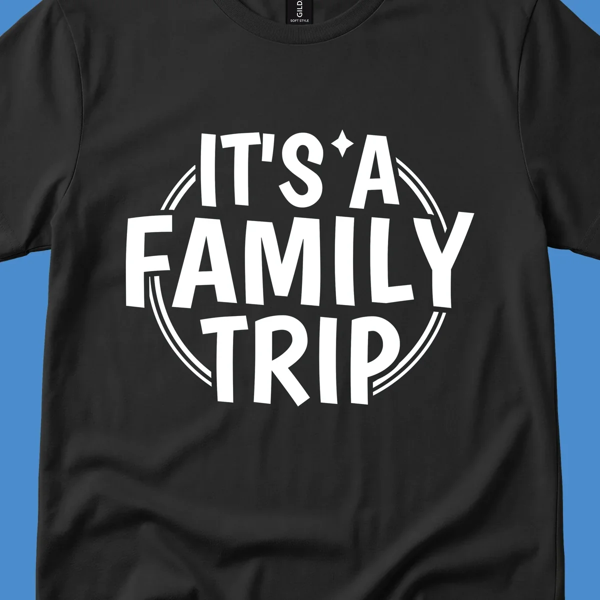 Text graphic 'IT'S A FAMILY TRIP' in white, bold lettering, inside a double circle.