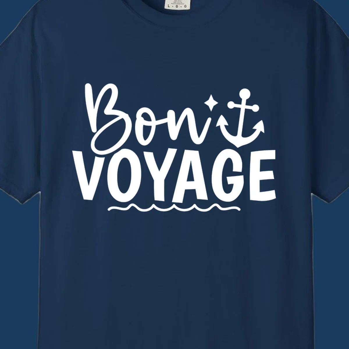 Bon Voyage text with anchor and waves graphic