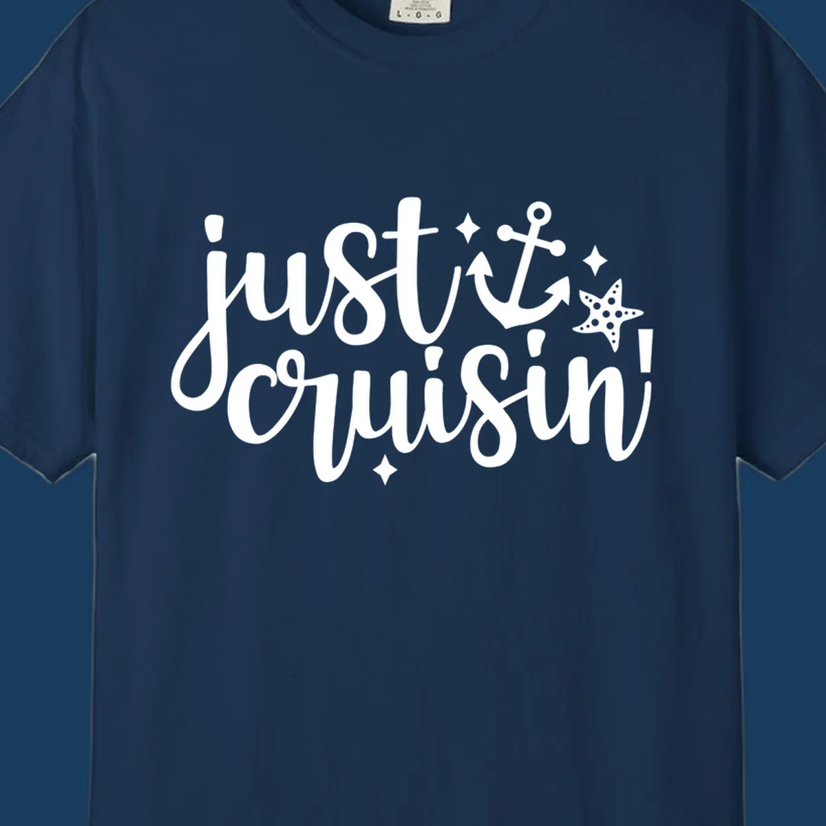Just Cruisin' nautical anchor and starfish design in white.