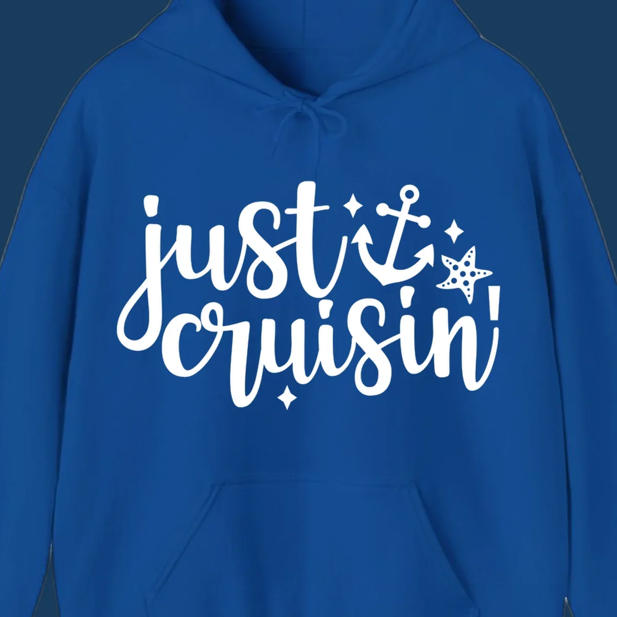 Just Cruisin' nautical anchor and starfish design in white.