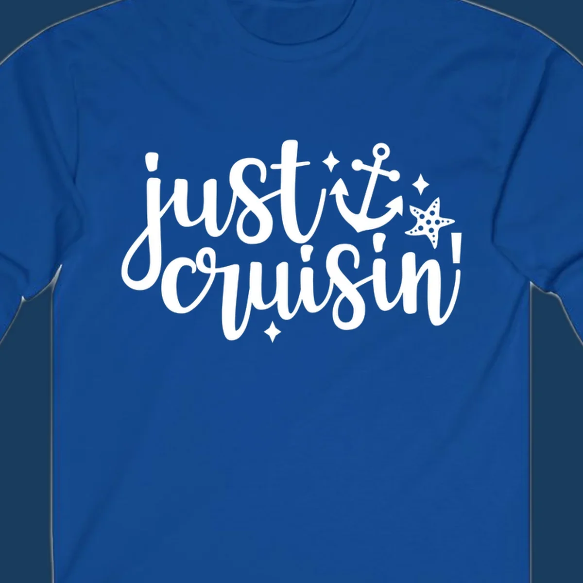 Just Cruisin' nautical anchor and starfish design in white.