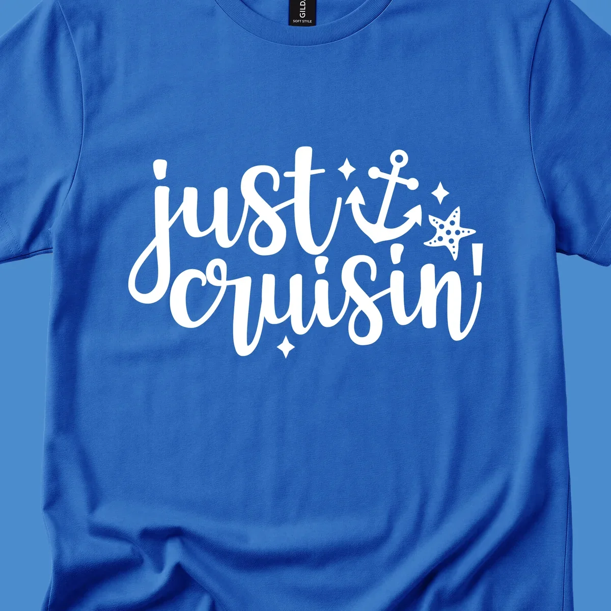 Just Cruisin' nautical anchor and starfish design in white.
