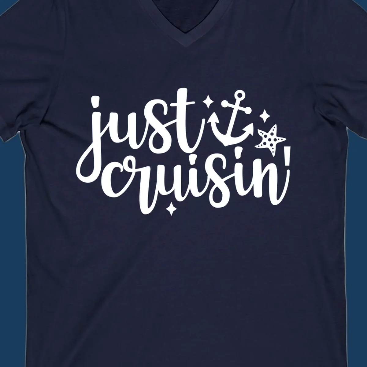 Just Cruisin' nautical anchor and starfish design in white.