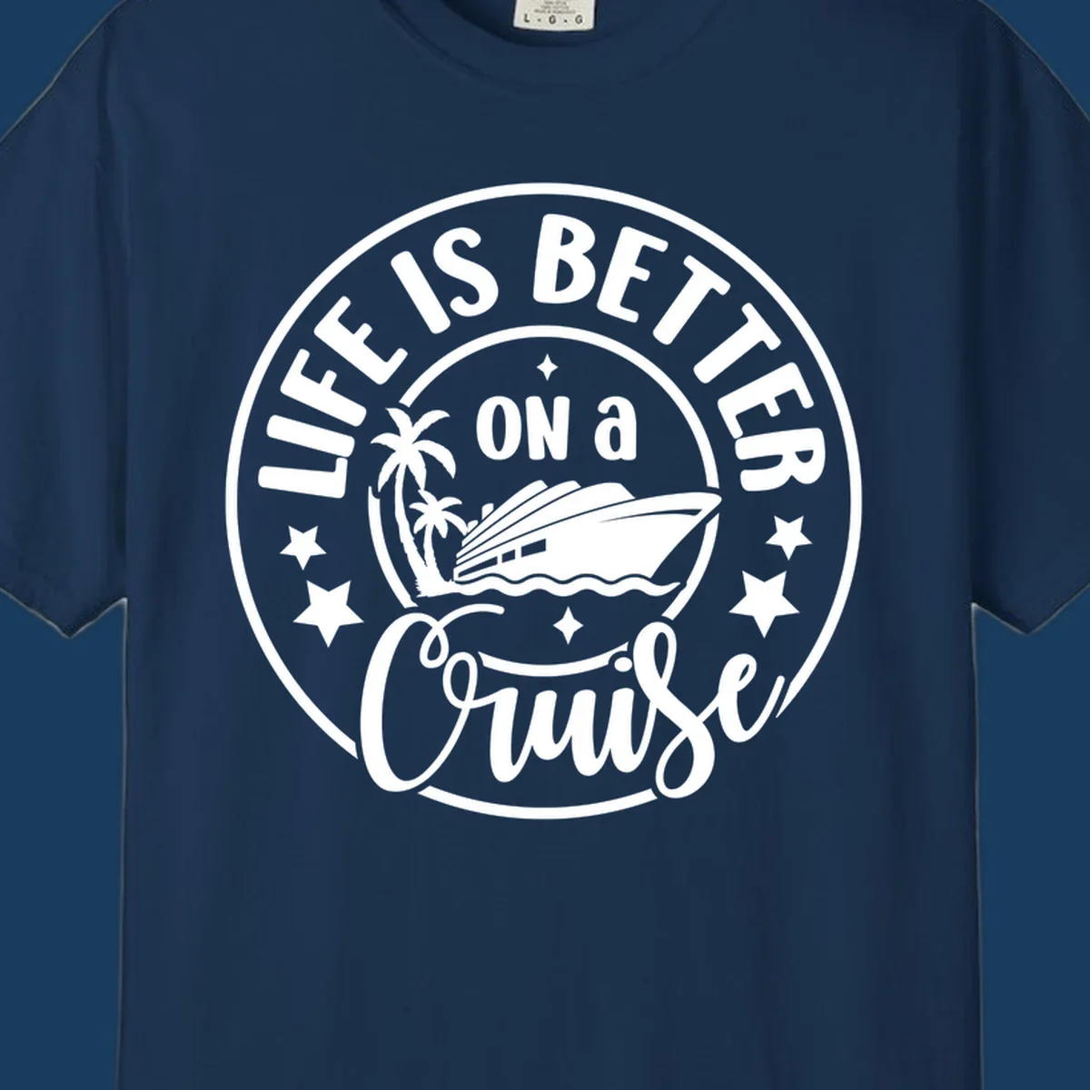 Circular badge design with text 'Life Is Better On A Cruise' and cruise ship illustration. Primary keyword: life-better-cruise.