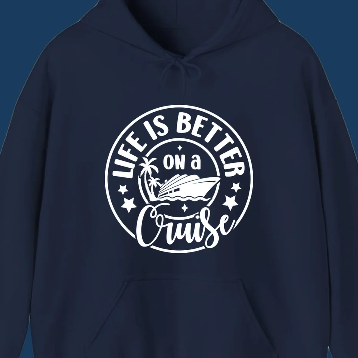 Circular badge design with text 'Life Is Better On A Cruise' and cruise ship illustration. Primary keyword: life-better-cruise.