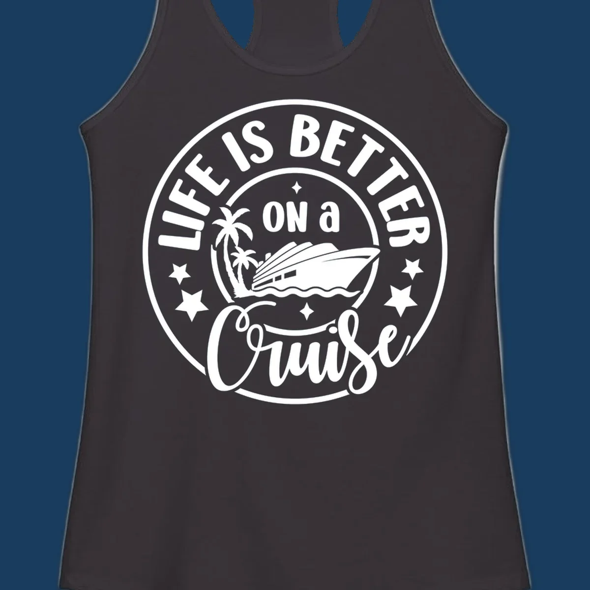 Circular badge design with text 'Life Is Better On A Cruise' and cruise ship illustration. Primary keyword: life-better-cruise.