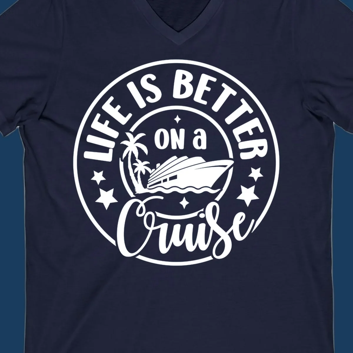 Circular badge design with text 'Life Is Better On A Cruise' and cruise ship illustration. Primary keyword: life-better-cruise.