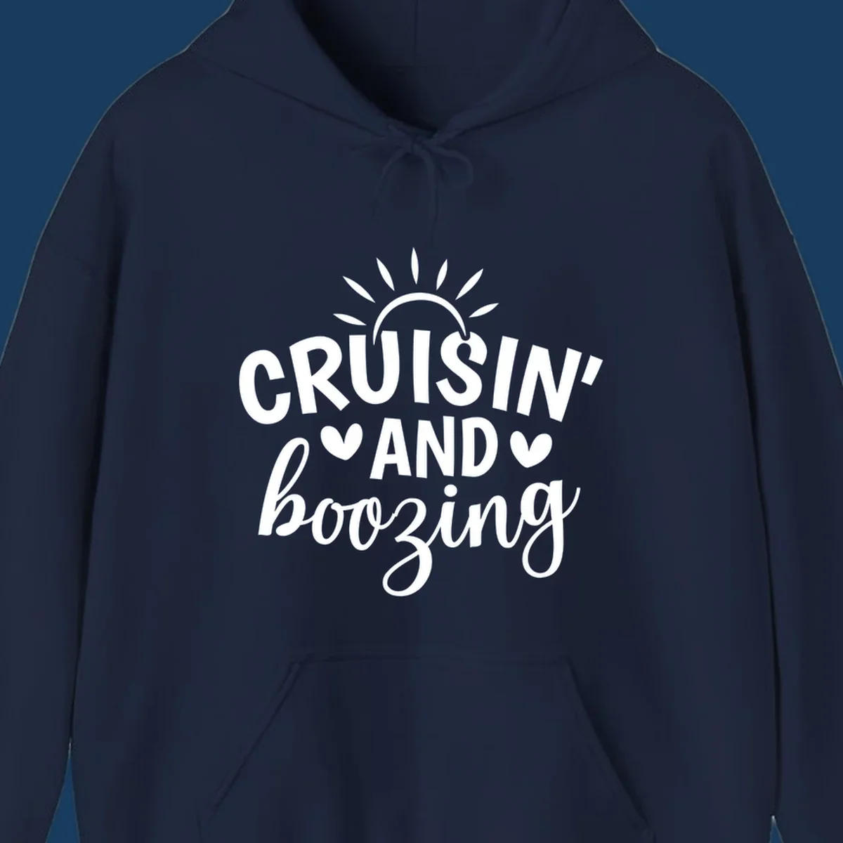 Cruisin and Boozing text with sun and hearts graphic
