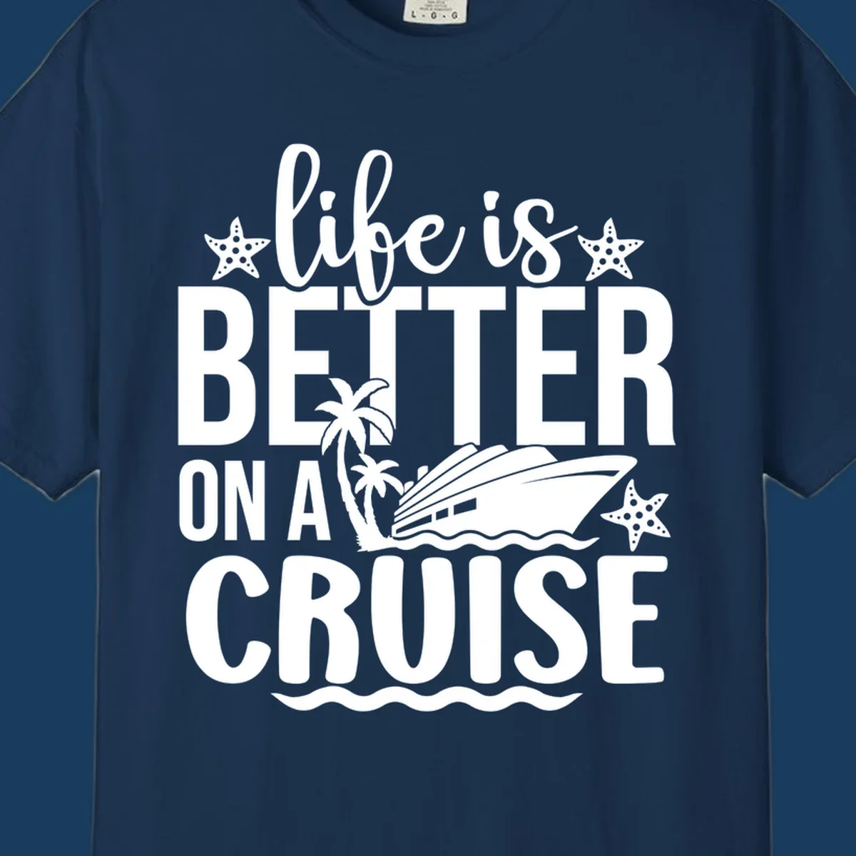 Life is better on a cruise text with starfish, palm trees, and cruise ship illustration.